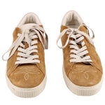 Camel suede sneakers pair, front view with white laces and textured white sole.