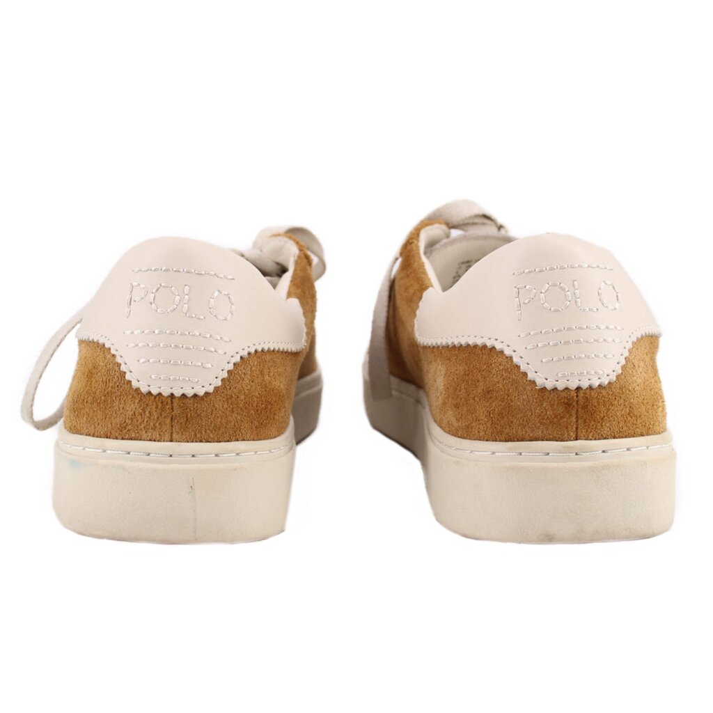 Camel suede sneakers with white heel tabs and woven 'Polo' logo detail.