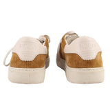 Camel suede sneakers with white heel tabs and woven 'Polo' logo detail.