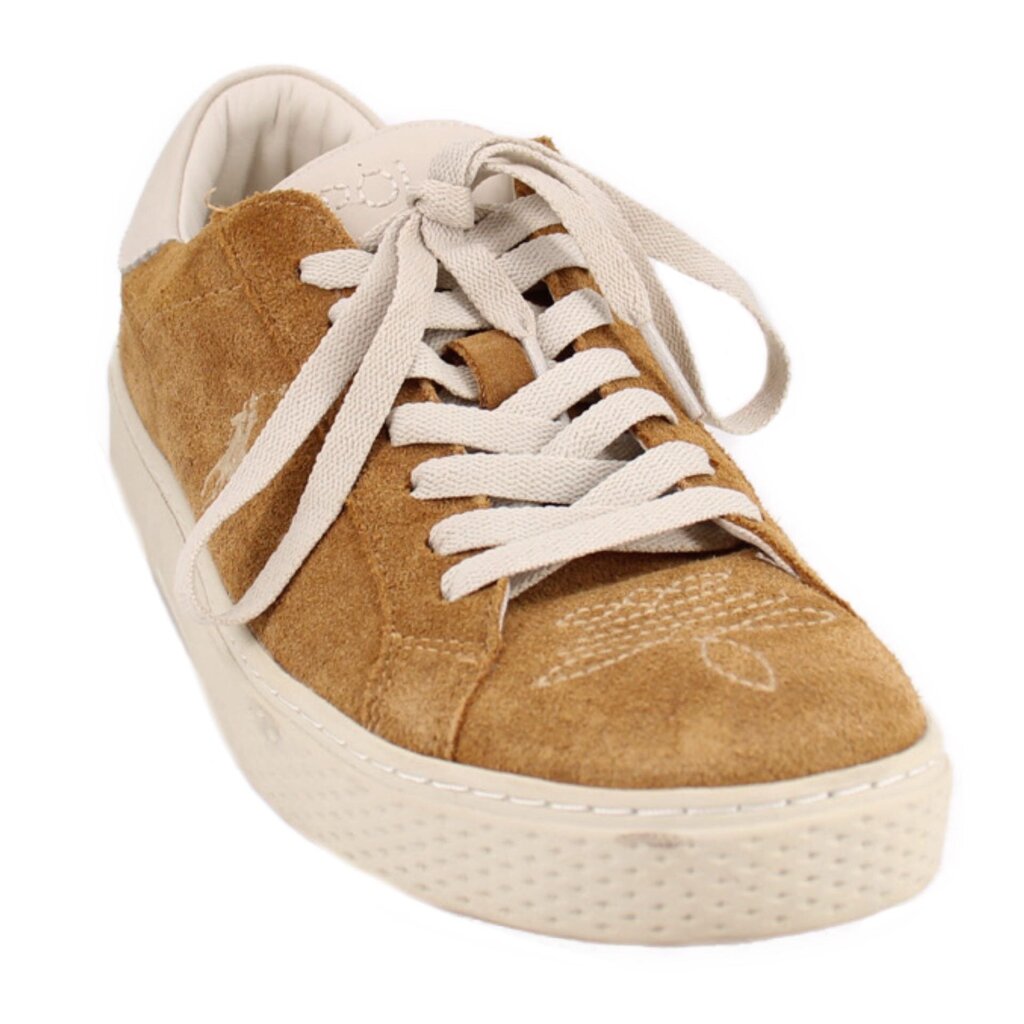 Camel suede sneakers with white laces and contrast white platform sole.