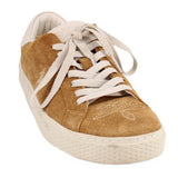 Camel suede sneakers with white laces and contrast white platform sole.