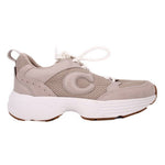 Gray low-top sneakers with mesh panels, suede overlays, white laces, white midsole