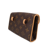 Monogram canvas belt bag side view with tan-edged opening