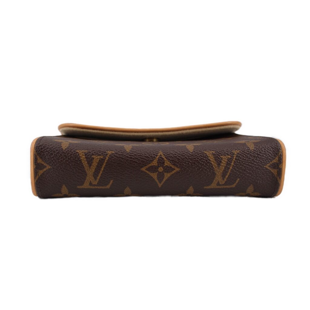 Monogram canvas belt bag back with tan-lined top flap edge