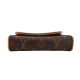 Monogram canvas belt bag back with tan-lined top flap edge