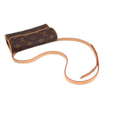 Monogram belt bag with long tan leather strap and gold-tone hardware