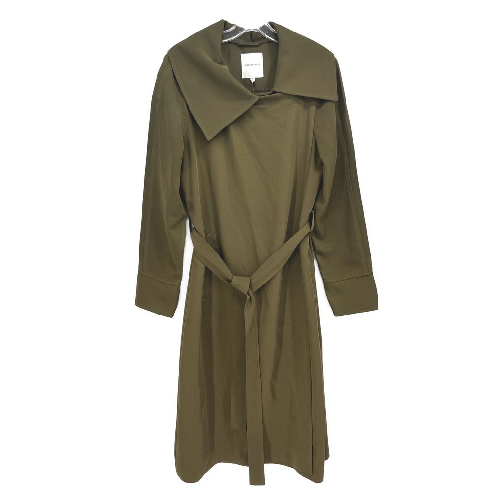 Green trench coat with wide collar and self-tie belt, front view.