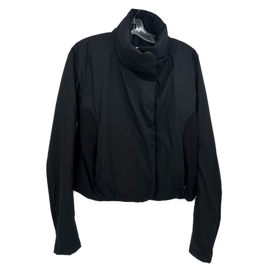 Black hooded activewear jacket with front zipper and textured side panels