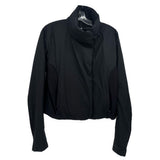 Black hooded activewear jacket with front zipper and textured side panels