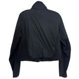 Black hooded activewear jacket, back view with textured sleeve panels