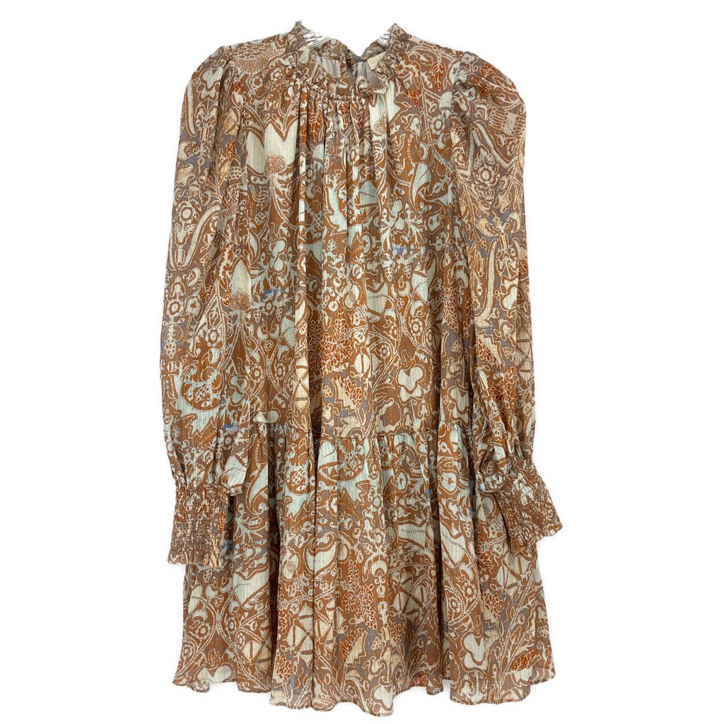 Printed long-sleeve dress with high neckline, rust and cream ornate pattern