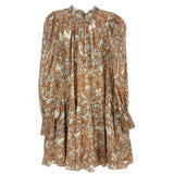 Printed long-sleeve dress with high neckline, rust and cream ornate pattern
