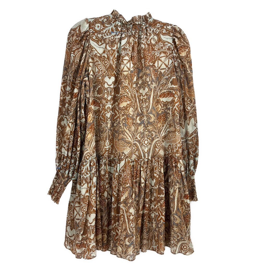 Printed long-sleeve dress with gathered yoke and tiered skirt, rust and cream pattern