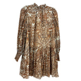 Printed long-sleeve dress with gathered yoke and tiered skirt, rust and cream pattern