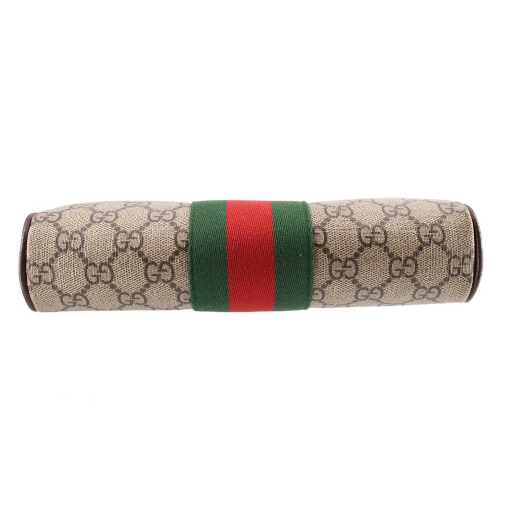 GUCCI small crossbody bag end view with GG canvas and horizontal green-red web stripe band