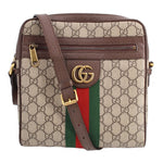 GUCCI small crossbody messenger bag with GG canvas, brown leather trim, and green-red web stripe
