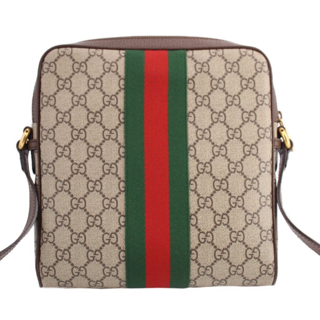 GUCCI small crossbody bag back view with GG canvas and vertical green-red web stripe