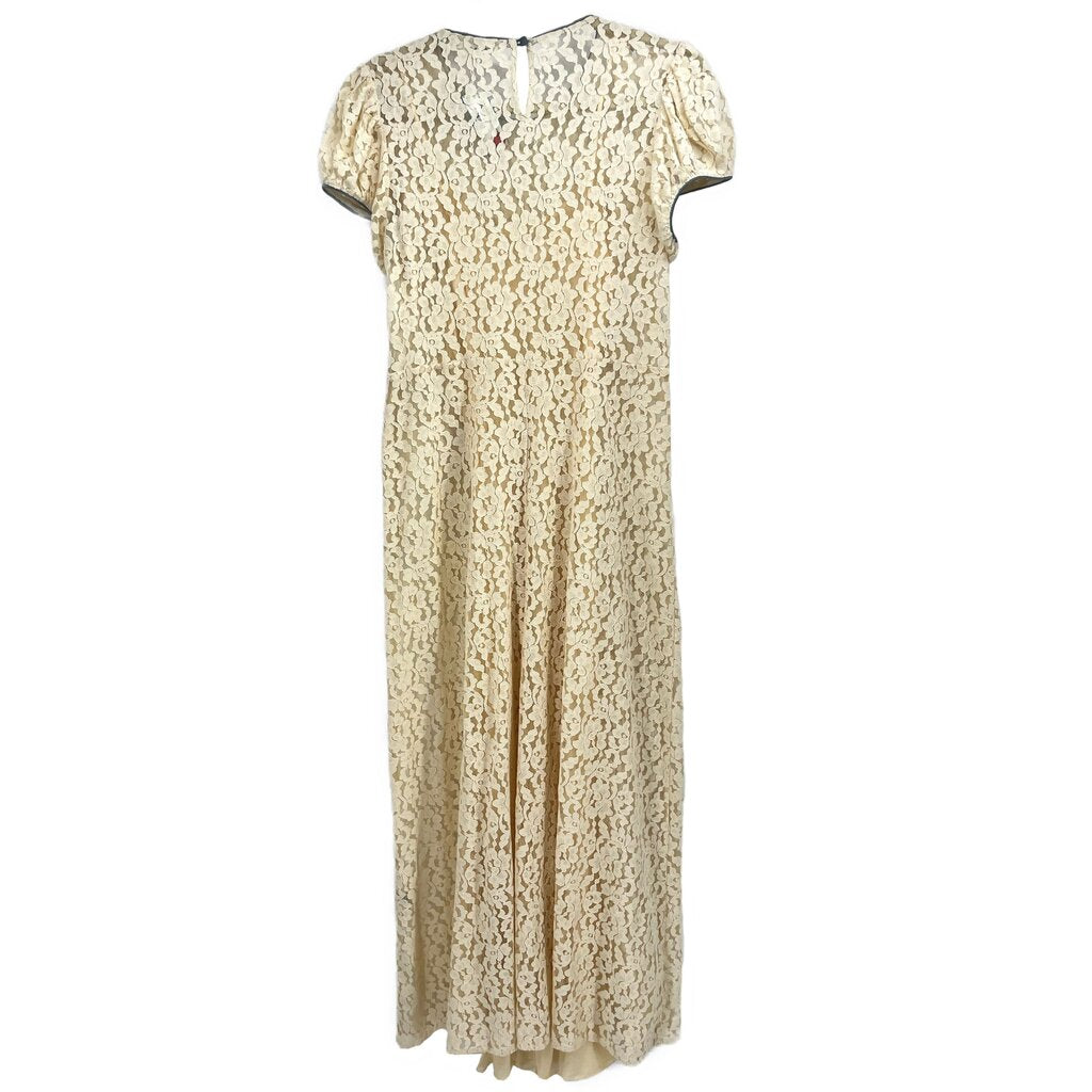 DOEN cream lace dress, short sleeves, round back keyhole, midi length