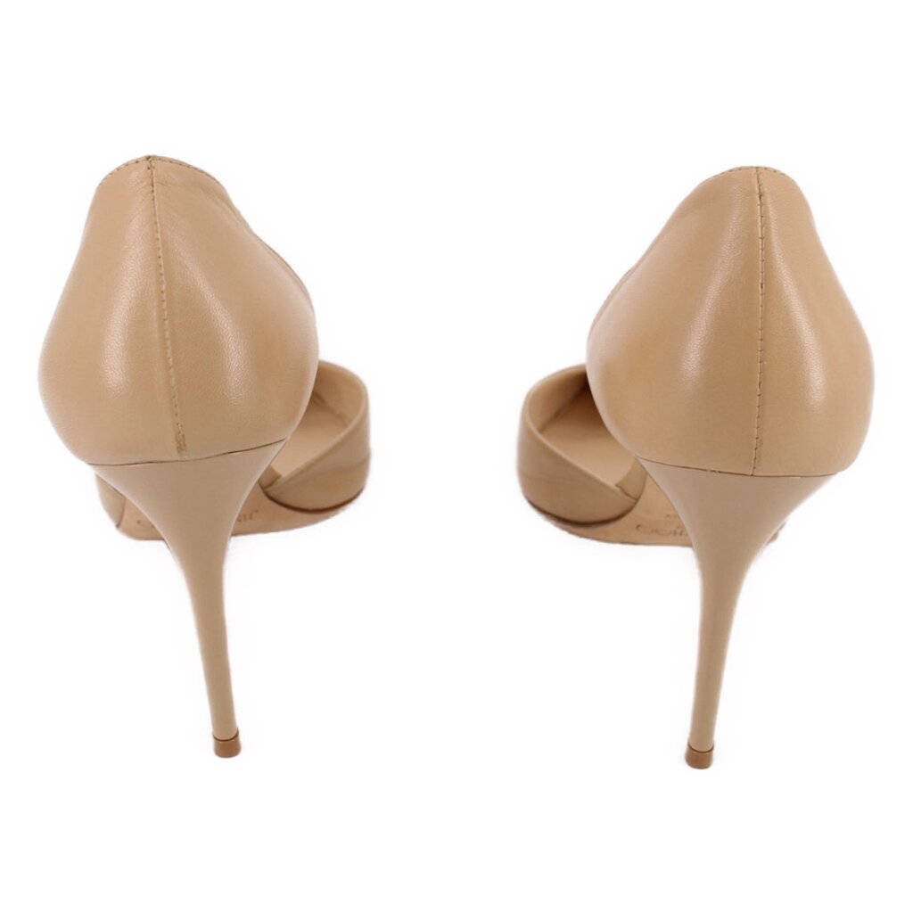 JIMMY CHOO nude leather heels, back view with slim stiletto heel