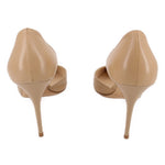 JIMMY CHOO nude leather heels, back view with slim stiletto heel