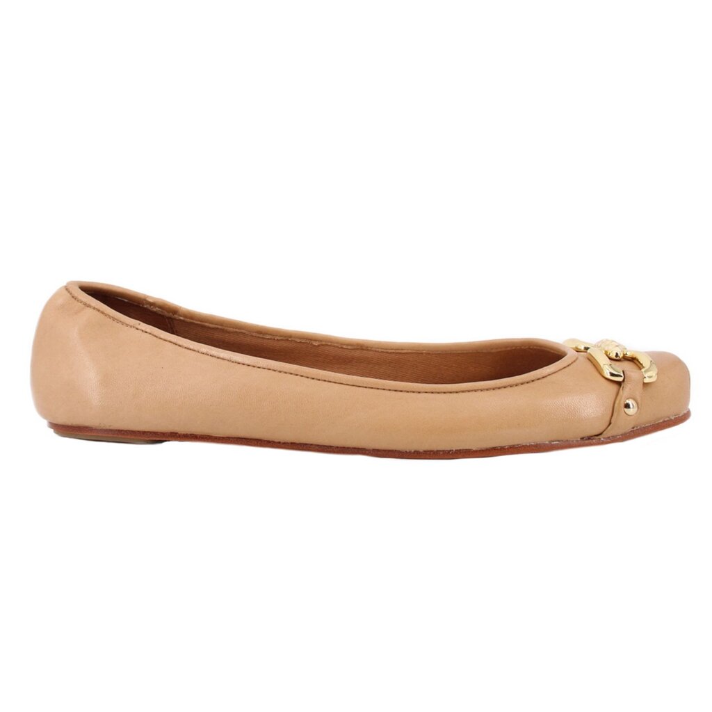 Tan leather flats with low profile and gold buckle detail at the toe.
