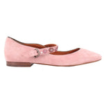 Pink suede flats, low block sole and jeweled strap across the top