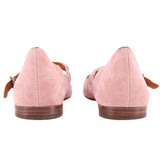 Pink suede flats with back view, low brown sole and heel seam detail