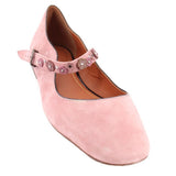Pink suede flats with jeweled ankle strap and buckle closure