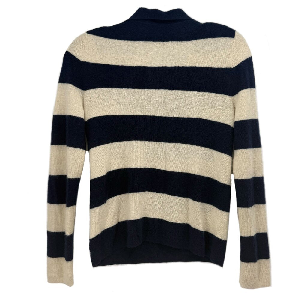Striped cashmere sweater, navy and cream, back view with ribbed cuffs and hem.