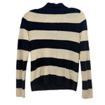 Striped cashmere sweater, navy and cream, back view with ribbed cuffs and hem.