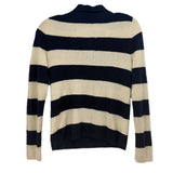 Striped cashmere sweater, navy and cream, back view with ribbed cuffs and hem.