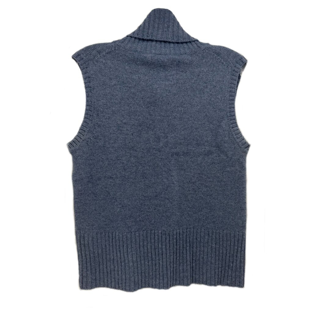 Mock turtleneck sleeveless cashmere sweater vest, dark blue knit back view