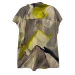 Printed short-sleeve top, back view, taupe and lime green abstract pattern