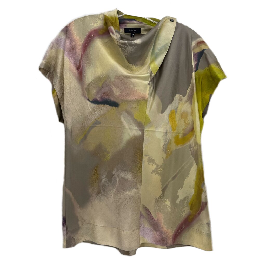 Printed short-sleeve top with scoop neck, taupe and lime green abstract pattern