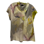 Printed short-sleeve top with scoop neck, taupe and lime green abstract pattern