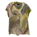 Printed short-sleeve top with scoop neck, taupe and lime green abstract pattern