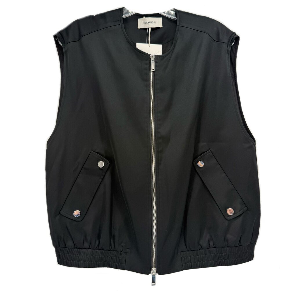 Black satin vest with full zip front, two snap pockets, and ribbed hem