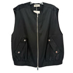 Black satin zip-front vest with two flap pockets and ribbed hem
