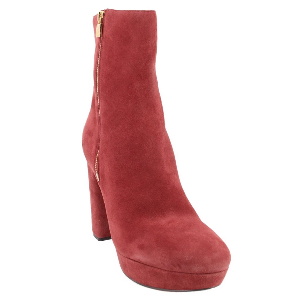 Brick red suede ankle boots with side zipper and stacked block heel
