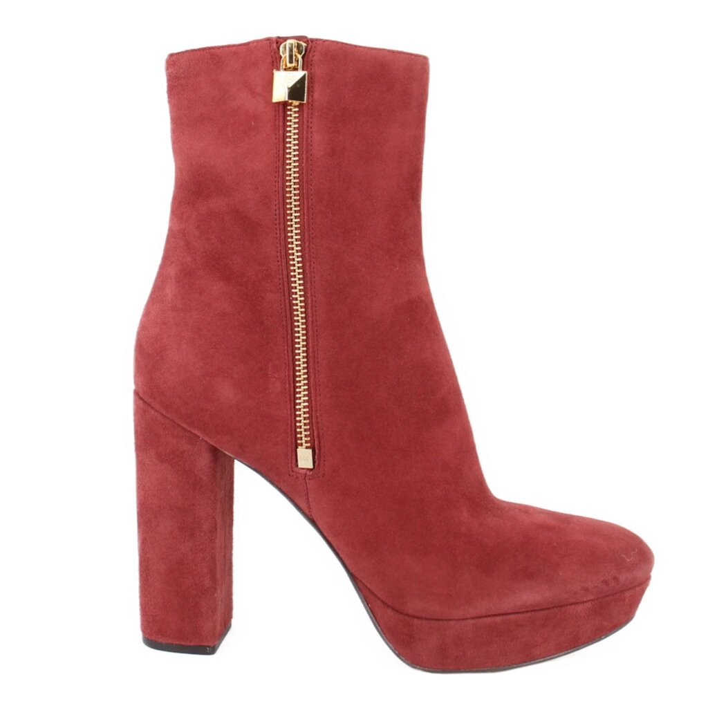 Brick red suede ankle boots with side zip, chunky sole, and high block heel
