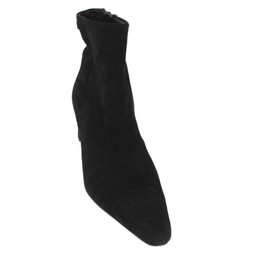 Black suede ankle boot with pointed toe and pull-on shaft