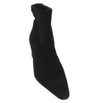 Black suede ankle boot with pointed toe and pull-on shaft