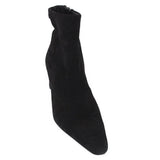 Black suede ankle boot with pointed toe and pull-on shaft