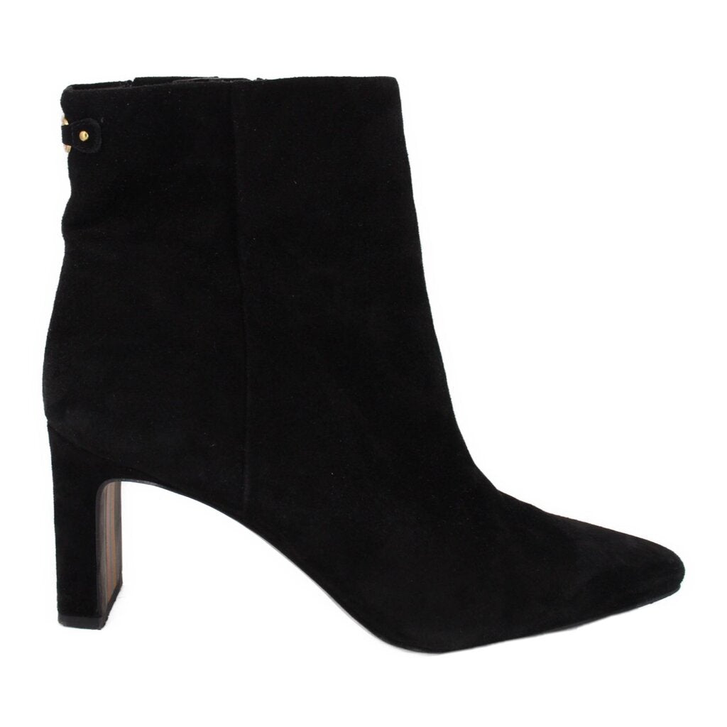 Black suede ankle bootie with pointed toe and block heel