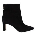 Black suede ankle bootie with pointed toe and block heel