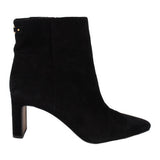 Black suede ankle bootie with pointed toe and block heel