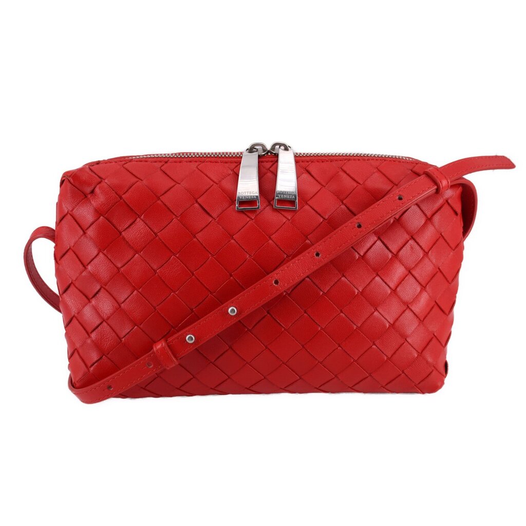 Red intrecciato crossbody bag in woven leather with top zip and adjustable strap