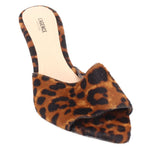 Leopard-print heeled mule with open toe and thick cushioned upper, brown with black spots