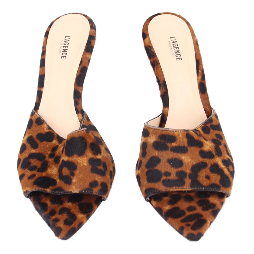 Pair of leopard-print heeled mules with open toe and V-cut upper