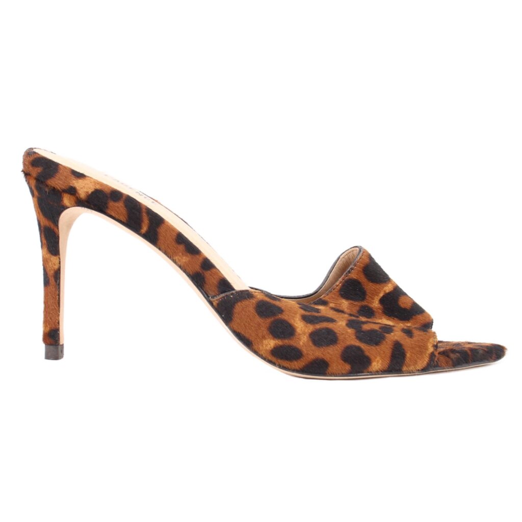 Brown leopard-print heeled mule with slim stacked heel and open-toe slide design